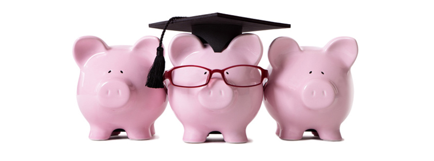 Row of pink piggy banks, one dressed as a college graduate with mortar board and glasses.