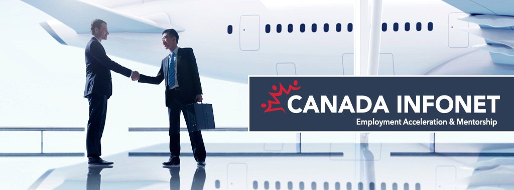 Two business men shaking hands after one just got off a plane with Canada InfoNet logo