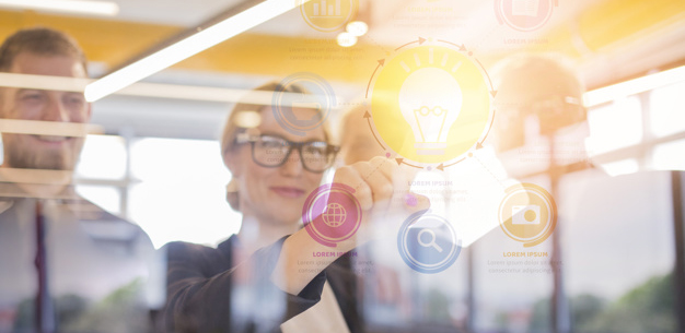 smiling businesswoman touching virtual business chart on a screen