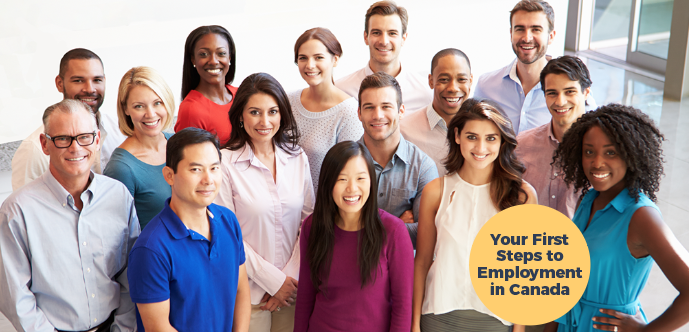 Diverse group of smiling business people. Text "Your First Steps to Employment in Canada"
