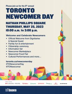 Toronto Newcomer day flyer featuring CN Tower